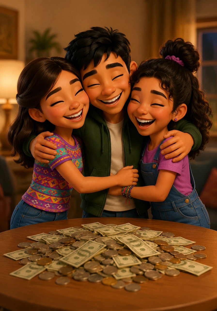 Al final de la jornada, los tres amigos cuentan el dinero recaudado y se abrazan con inmensa alegría al ver que superaron su meta inicial. Gracias a su trabajo en equipo y al apoyo de la gente, ahora todos los alumnos del 2*F podrán tener sus materiales escolares.