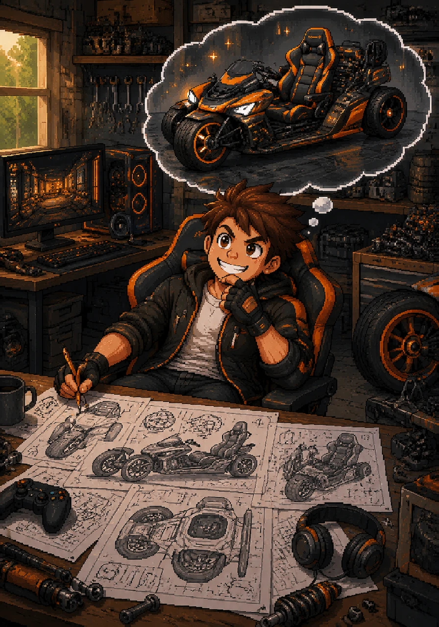 Leo sits in his cluttered garage, surrounded by blueprints of a revolutionary three-wheeled machine. He envisions a vehicle that combines the comfort of a gamer's den with the rugged power of a sports car.