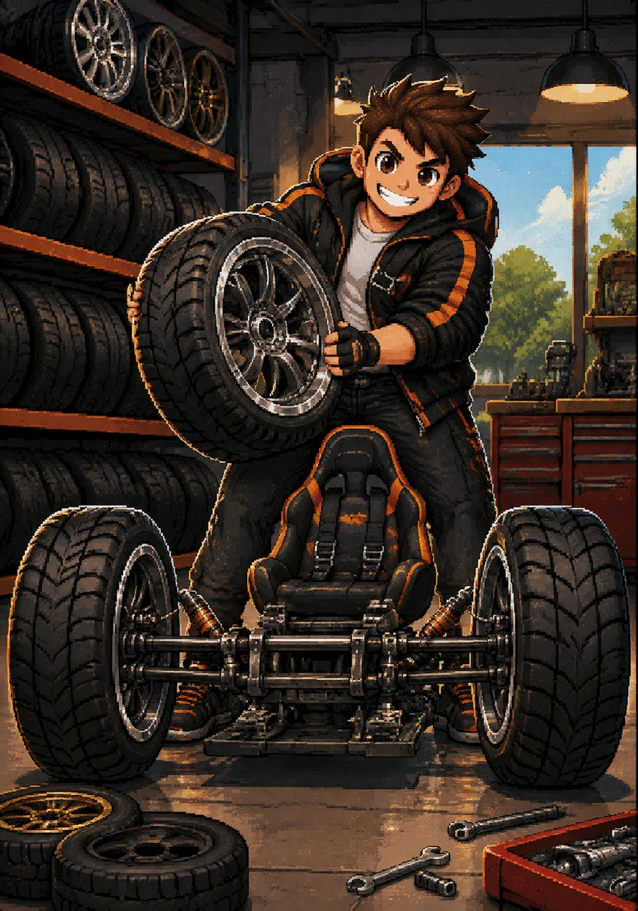 He gathers three massive, shiny car wheels from a local shop, choosing the best rubber for maximum grip. The two front wheels are positioned wide apart, promising stability like no other bike before it.