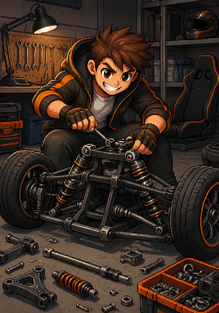 Leo meticulously assembles the front end, crafting a complex independent suspension system. This clever design allows each front wheel to move up and down on its own, ready to conquer any bump in the road.