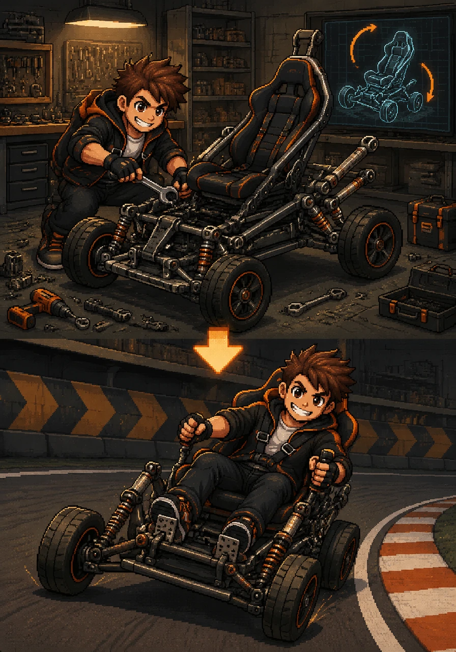 He installs a tilting mechanism that lets the entire frame lean into corners while keeping the wheels planted. It looks like a mechanical dance, balancing the physics of a motorcycle with the footprint of a car.