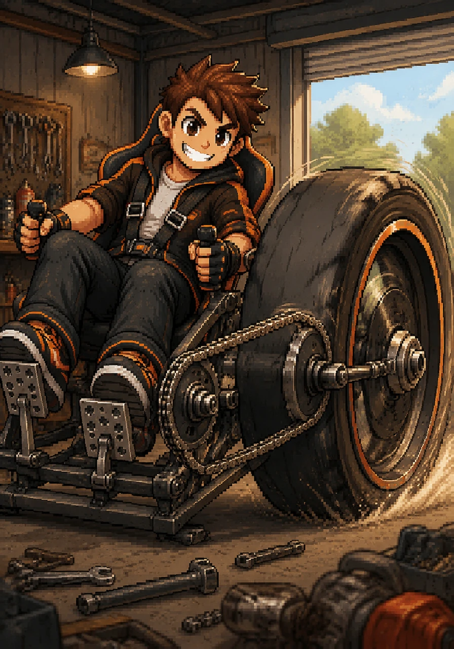 He fits the heavy-duty pedals and chain drive, connecting human power to the single rear car wheel. It is a massive undertaking, but the mechanical advantage makes the giant wheels spin with surprising ease.