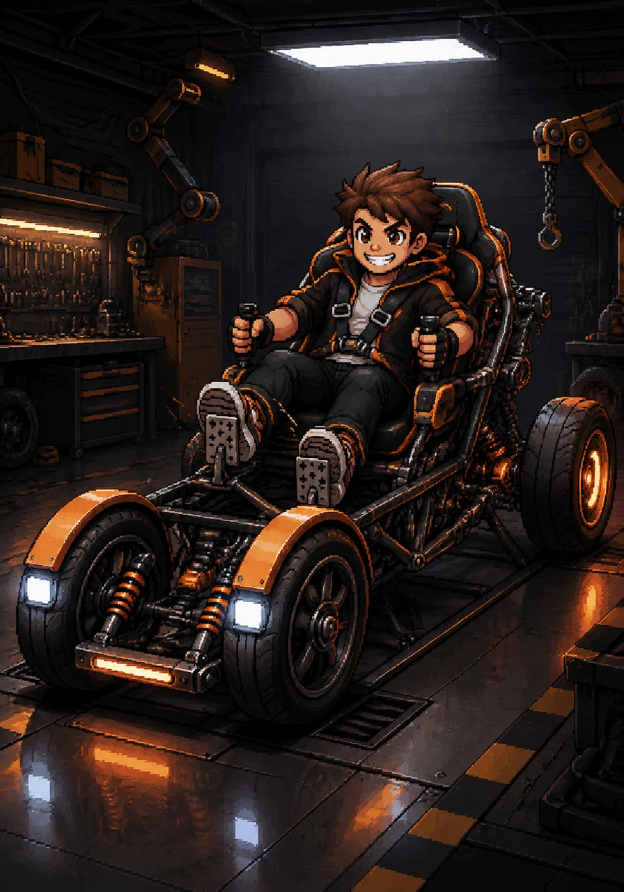 The Apex Rover is finally complete, gleaming under the workshop lights with its unique two-in-front, one-in-back silhouette. Leo climbs into the gaming chair and gives the pedals an experimental push, feeling the machine come to life.