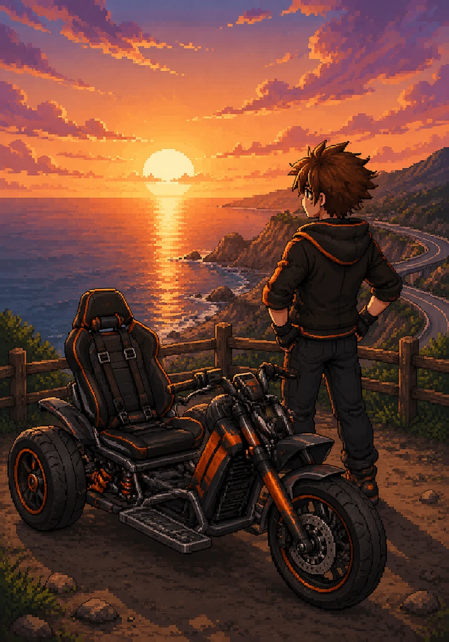 As the sun sets over the ocean, Leo parks his creation on a scenic overlook to admire the view. His dream of a comfortable, high-performance trike has become a reality, ready for the next great journey.