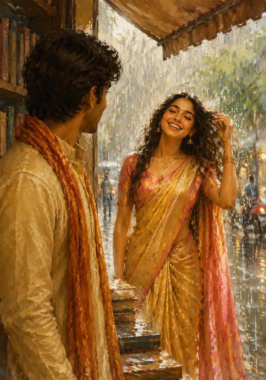 Shourya first saw Sujata under the shelter of a bookstore awning during a sudden summer downpour. She was laughing as she shook the raindrops from her hair, and in that moment, the world around him seemed to slow down and brighten.