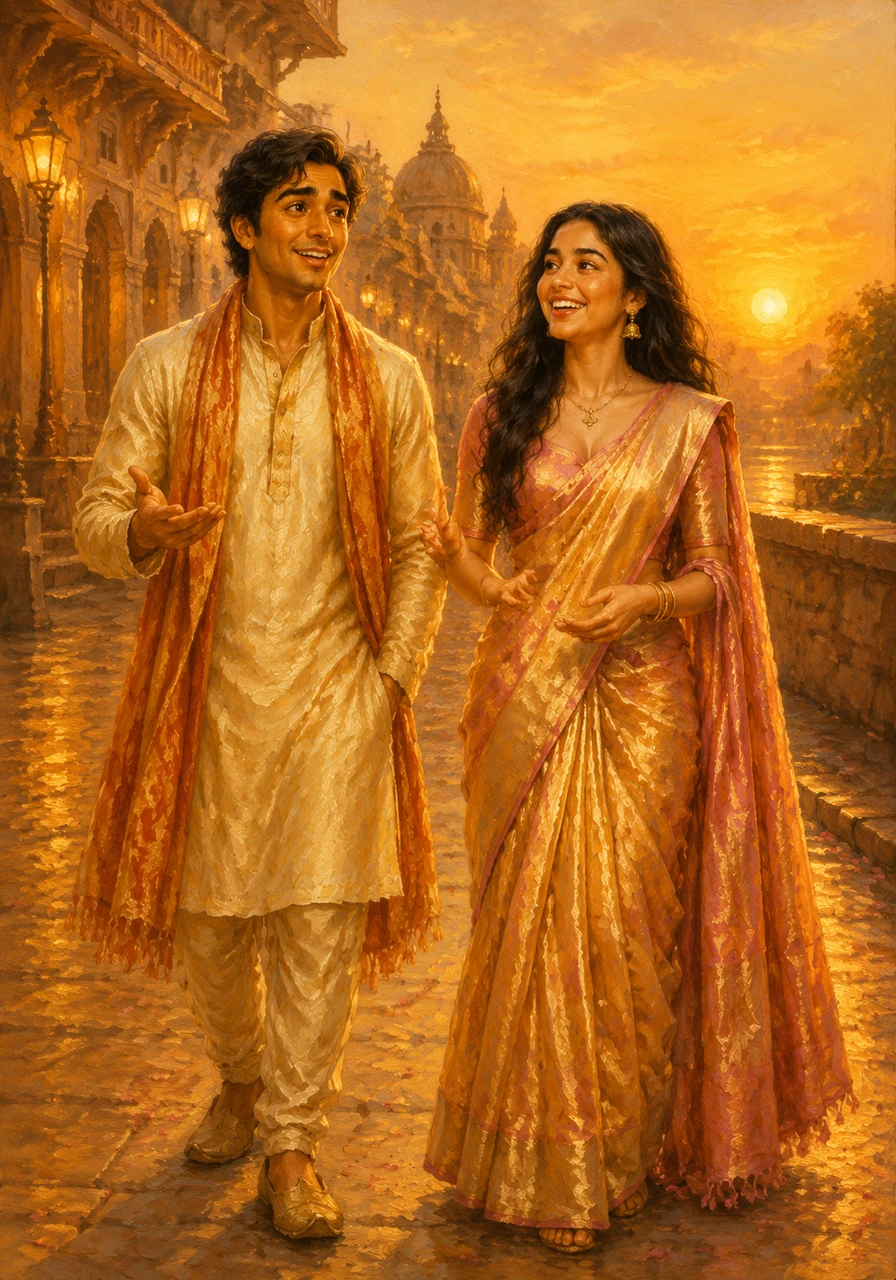 Evening walks became their cherished ritual, wandering through the golden-lit streets as the sun dipped below the horizon. Shourya spoke of his architectural dreams while Sujata shared her passion for traditional art, their voices harmonizing like a soft melody.