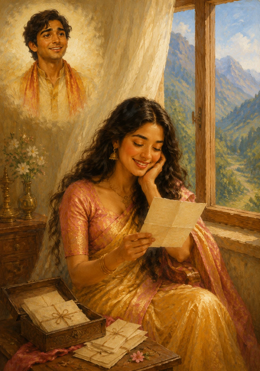 Months passed as they exchanged handwritten letters that traveled across mountains and valleys. Sujata spent her quiet afternoons by the window, reading Shourya’s words and feeling his presence in every ink-stained page and thoughtful sentence.