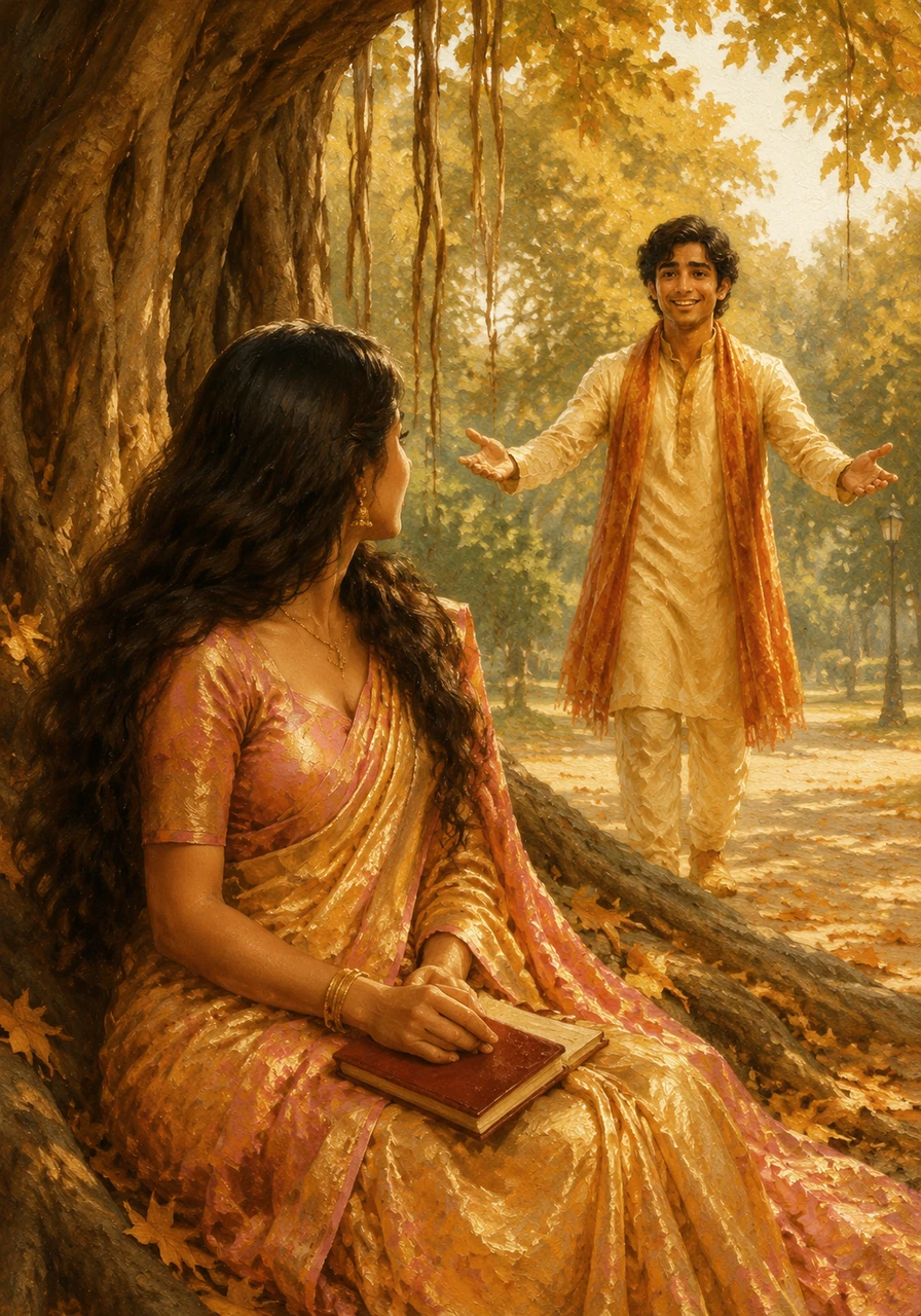 On a crisp autumn afternoon, Sujata sat beneath their favorite ancient banyan tree, unaware of the footsteps approaching from behind. Shourya stood there with a tired smile and open arms, his surprise return turning the park into a place of pure magic.