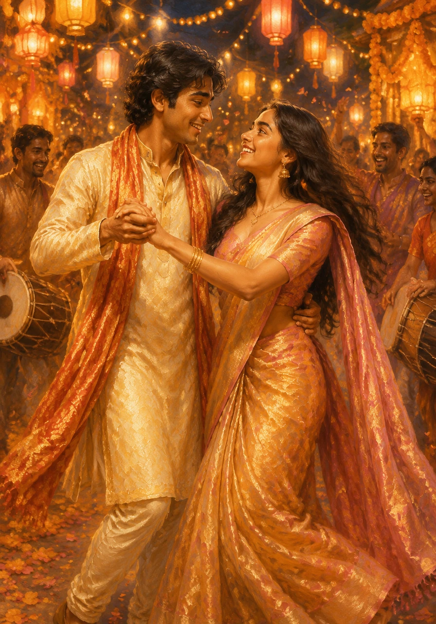 They celebrated their reunion at a vibrant festival, dressed in their finest traditional silks and glowing under the warm lanterns. Surrounded by the scent of marigolds and the sound of rhythmic drums, they danced as if they were the only two people in the world.