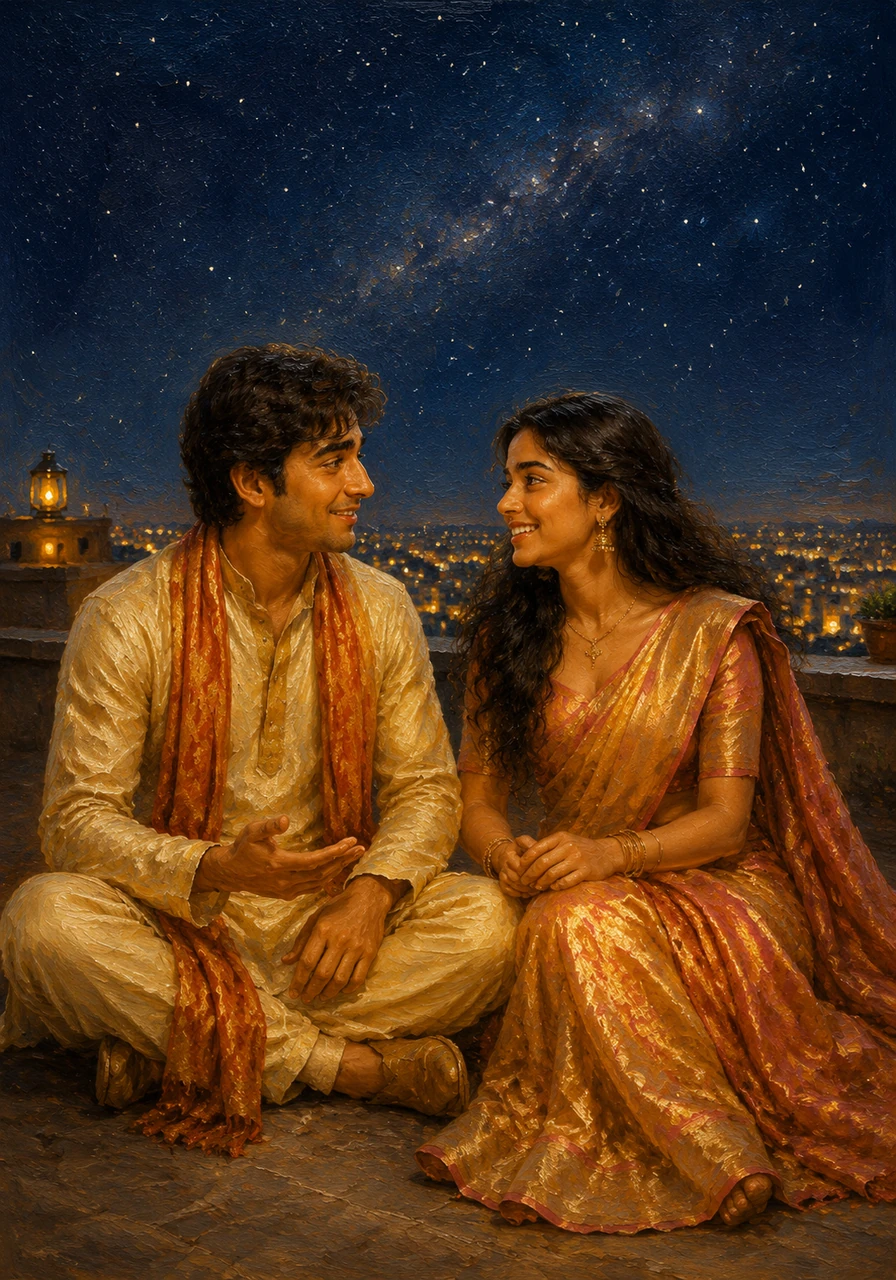 Under a vast canopy of twinkling stars, they sat on a quiet rooftop overlooking the shimmering city lights. They spoke of the challenges they had faced and the strength they found in each other, realizing that their love was their greatest anchor.