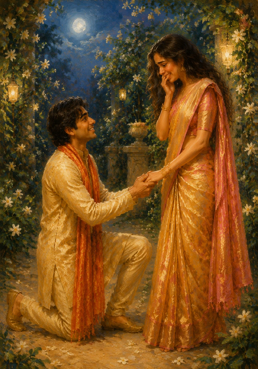 In a garden filled with the sweet fragrance of blooming jasmine, Shourya knelt and asked Sujata to walk beside him through all of life's seasons. The moonlight reflected in her tear-filled eyes as she whispered her joyful agreement, sealing their fate together.
