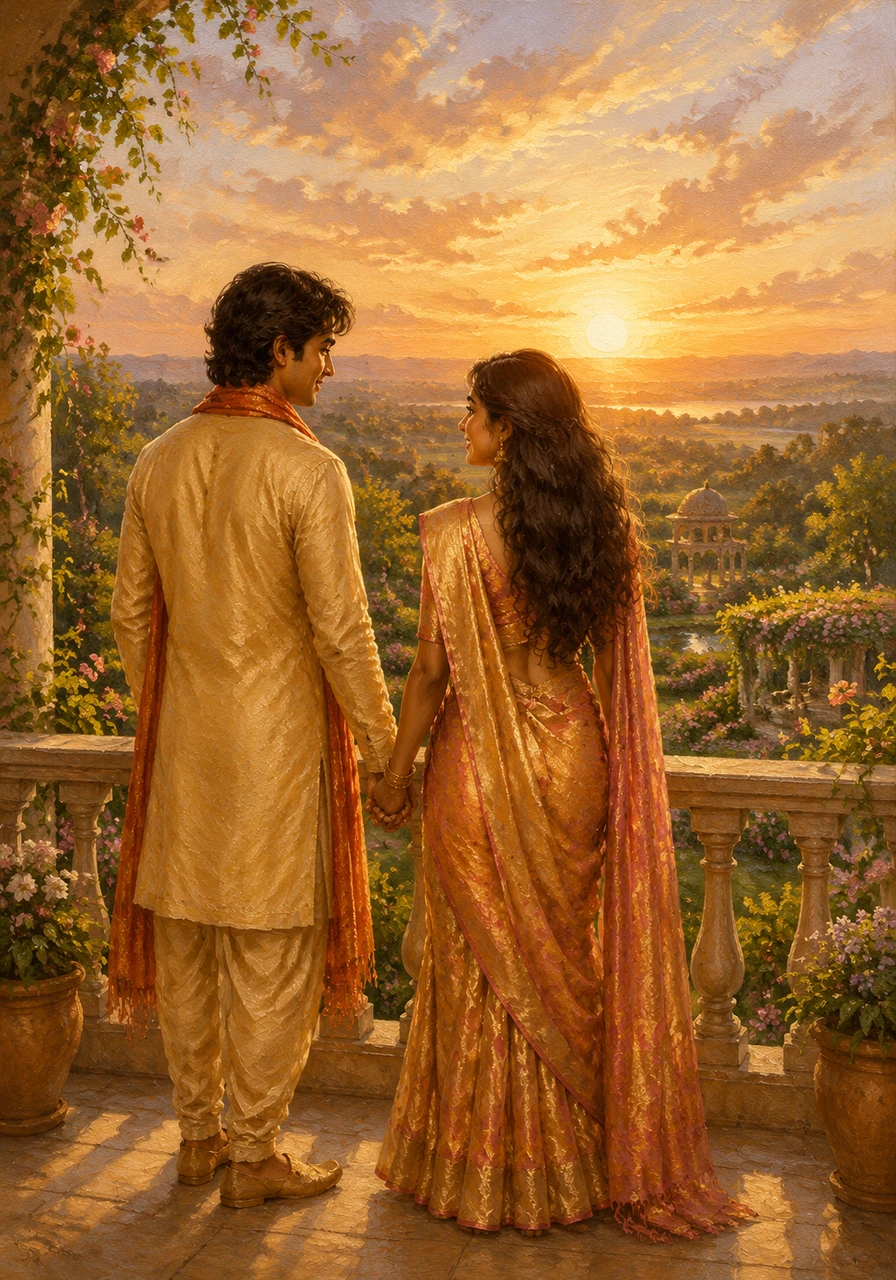 Years later, Shourya and Sujata stood on a balcony overlooking a lush garden they had planted together. Hand in hand, they watched the sunrise over the horizon, knowing that every step of their journey had led them to this perfect, shared peace.
