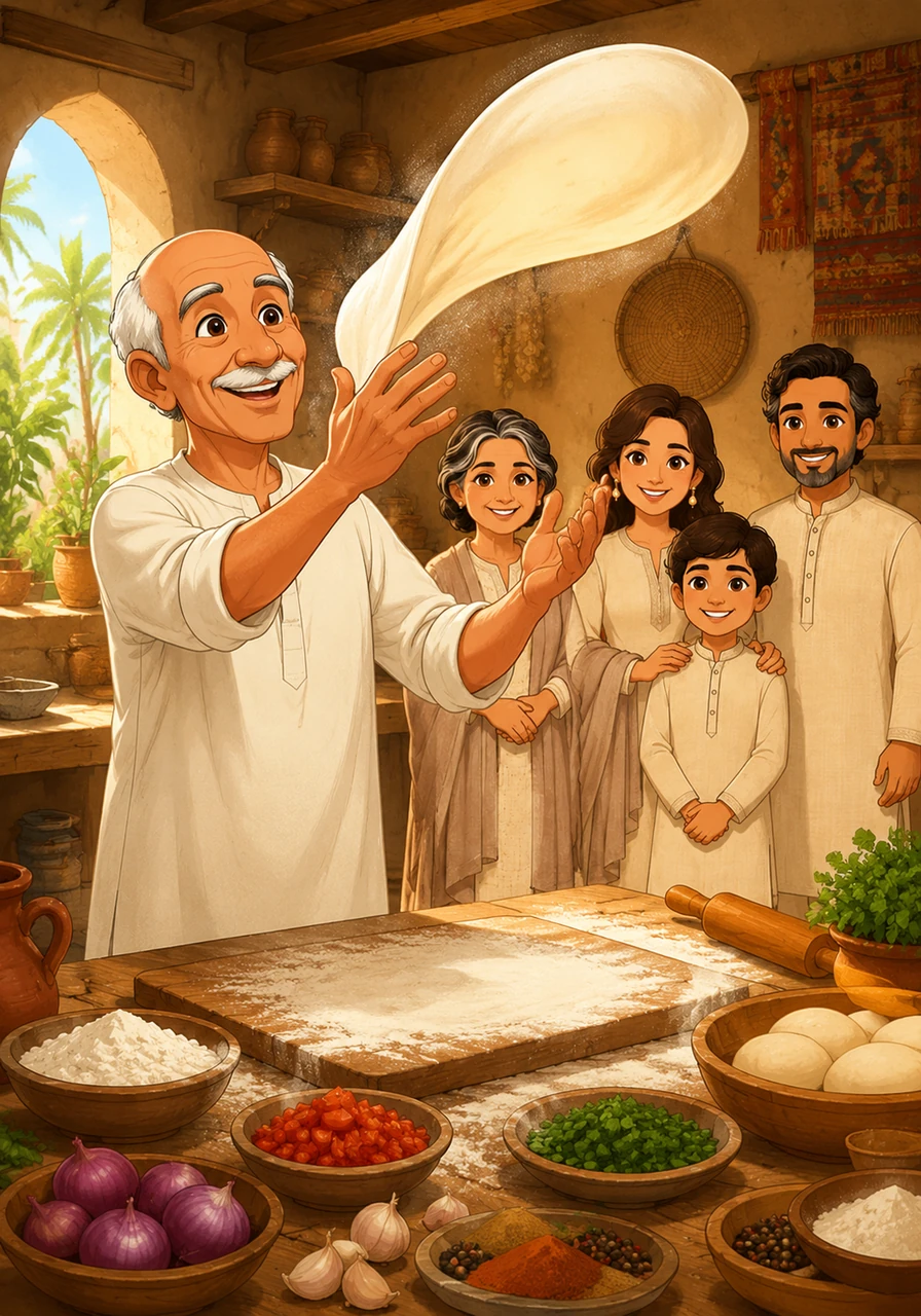 Grandfather Tarek stood in his sunlit, rustic Egyptian kitchen, ready to prepare a legendary feast for his visiting family. He rolled out the soft dough on a large wooden table, tossing it into the air until it became a tissue-thin layer of pastry.