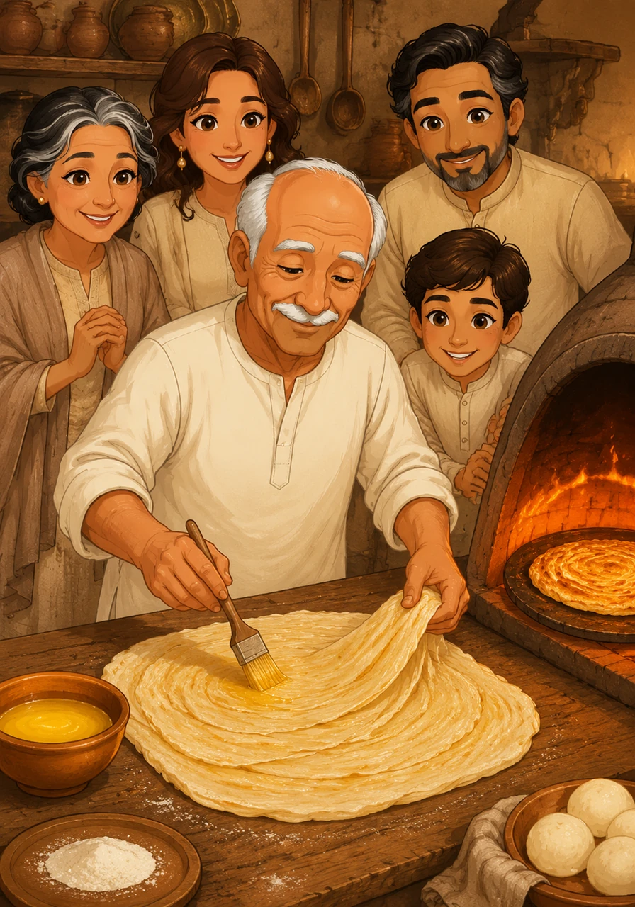 With practiced hands, he brushed rich, melted ghee over the layers, folding them carefully to create the perfect, flaky Feteer Meshaltet. The kitchen filled with a warm, comforting aroma as the round pastry baked to a glorious golden brown in the traditional clay oven.