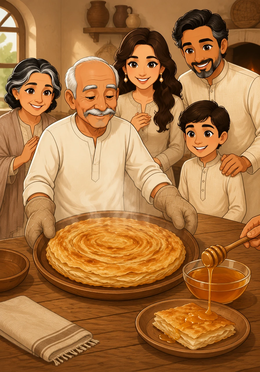He pulled the steaming, layered Feteer from the oven and placed it right in the center of the wooden table, its crispy edges crackling softly. Beside it, he set a bowl of pure, amber-colored natural honey, letting a slow golden stream cascade beautifully over a fresh piece of the pastry.