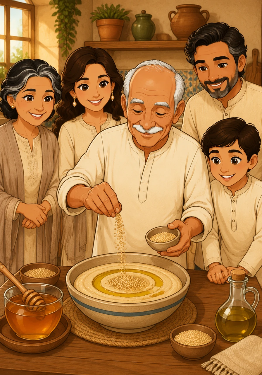 Next, Grandfather Tarek prepared a smooth, creamy bowl of tahini, swirling it with rich olive oil and a delicate sprinkle of toasted sesame seeds. The earthy aroma of the sesame blended perfectly with the sweet scent of the honey already on the table.