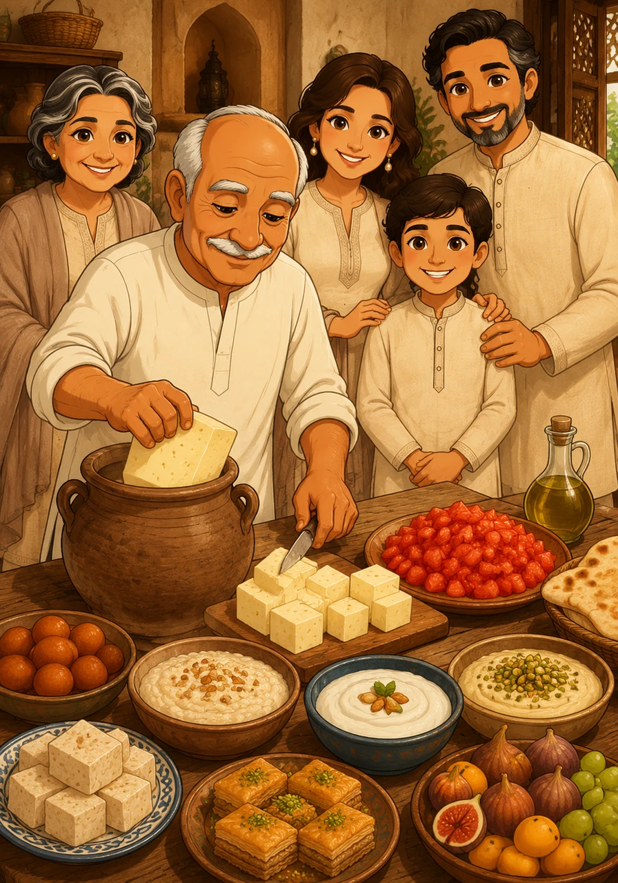 From a clay jar, he took a block of aged, authentic Egyptian Mish cheese, cutting it into appetizing cubes alongside fresh, juicy tomatoes. The sharp, savory cheese offered a beautiful contrast to the sweet and creamy dishes lining the rustic table.