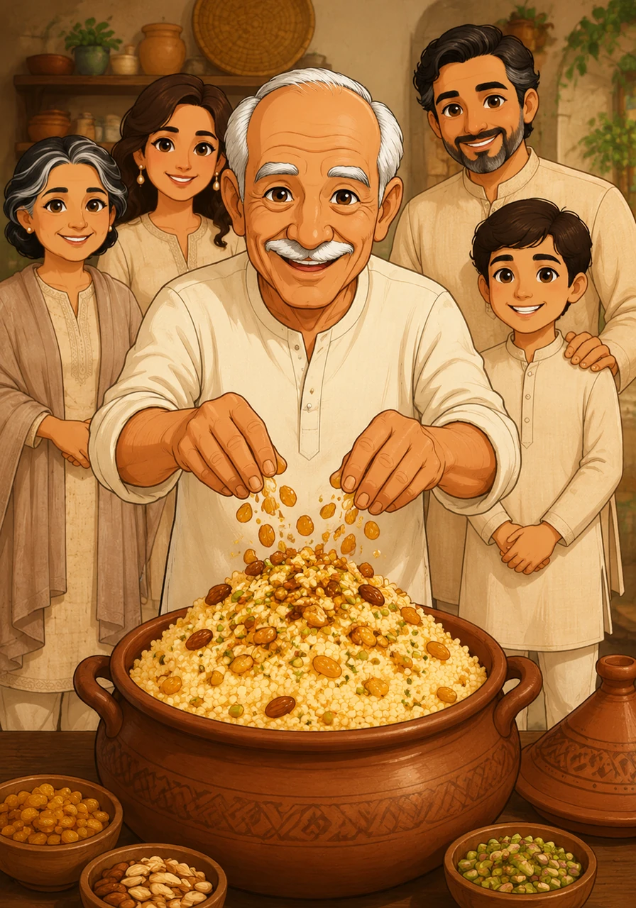 He then turned his attention to a large clay pot, fluffing up a mountain of luxurious Egyptian couscous until it was light and airy. He generously garnished the top with a vibrant mix of golden raisins, crunchy almonds, and chopped pistachios.