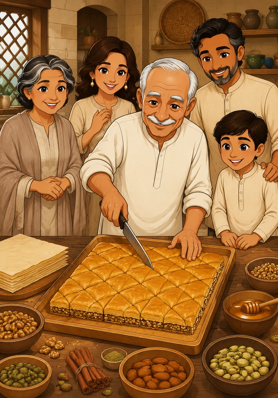 Moving with boundless energy, Grandfather Tarek layered crispy sheets of golden Goulash pastry, filling them with a rich, aromatic mix of nuts and warm spices. He sliced them into perfect diamonds, their flaky layers promising a satisfying crunch with every single bite.