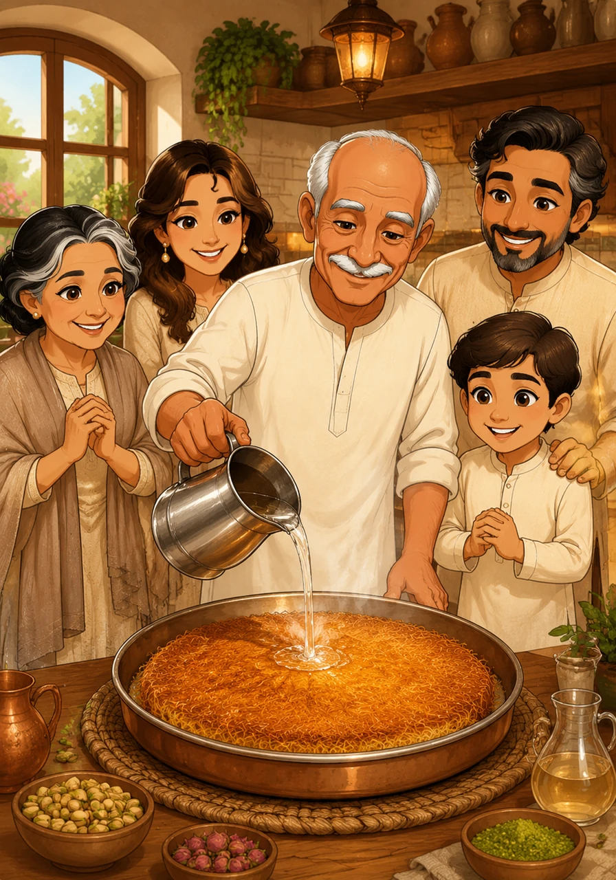 For the grand finale of sweets, he prepared a tray of golden, shredded Kunafa, baking it until it achieved a flawless amber hue. He poured a glistening, cool sugar syrup over the hot pastry, making it sizzle and absorb the sweet, fragrant moisture.