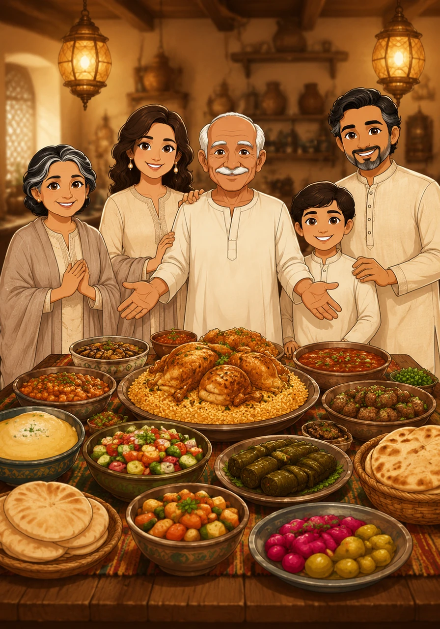 The rustic wooden table was now completely filled with the magnificent spread, illuminated by a warm, golden glow from the hanging lanterns. The background of the heritage Egyptian kitchen softly blurred, making the vibrant, rich textures of the food truly stand out.