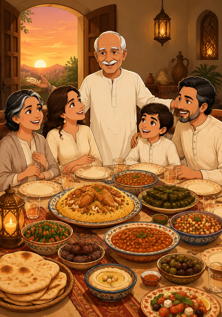 As the sun began to set, Grandfather Tarek welcomed his laughing children and grandchildren into the room, their eyes lighting up at the sight of the feast. They gathered closely around the table, sharing stories and celebrating their rich heritage through the love baked into every dish.