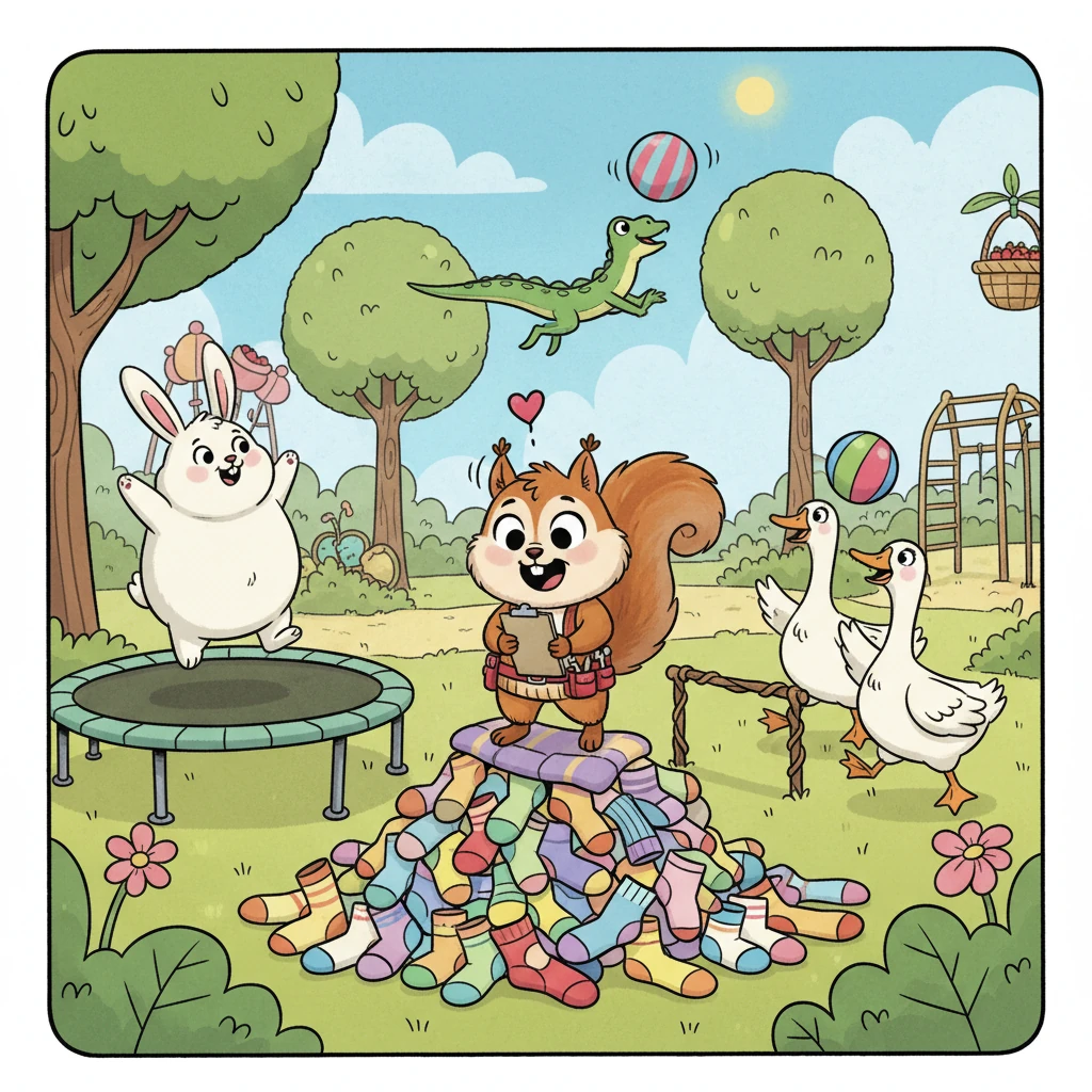 Pip Sparkle, a tiny squirrel with a big heart, loved her job at the Giggle-Gym Gardens. It was a place bursting with bouncy bunnies, leaping lizards, and giggling geese, all eager to exercise and have fun. But sometimes, with so much excitement, things could get a little topsy-turvy, like a pile of mismatched socks.