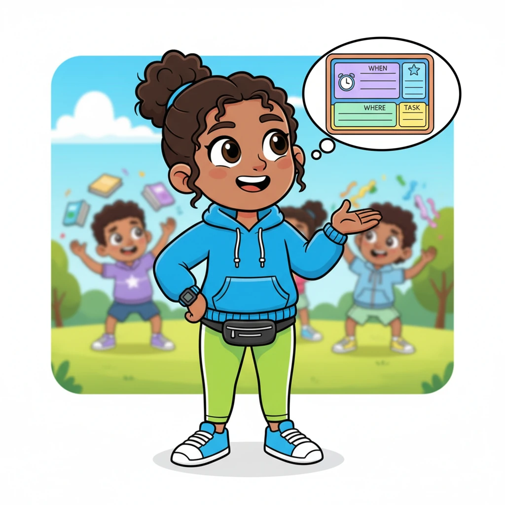 One sunny morning, watching the delightful chaos, Pip had a brilliant idea! She decided to create a 'Sparkle System' to help everyone know exactly where to be and when. She imagined a colorful, easy-to-read board that would make organizing a breeze.