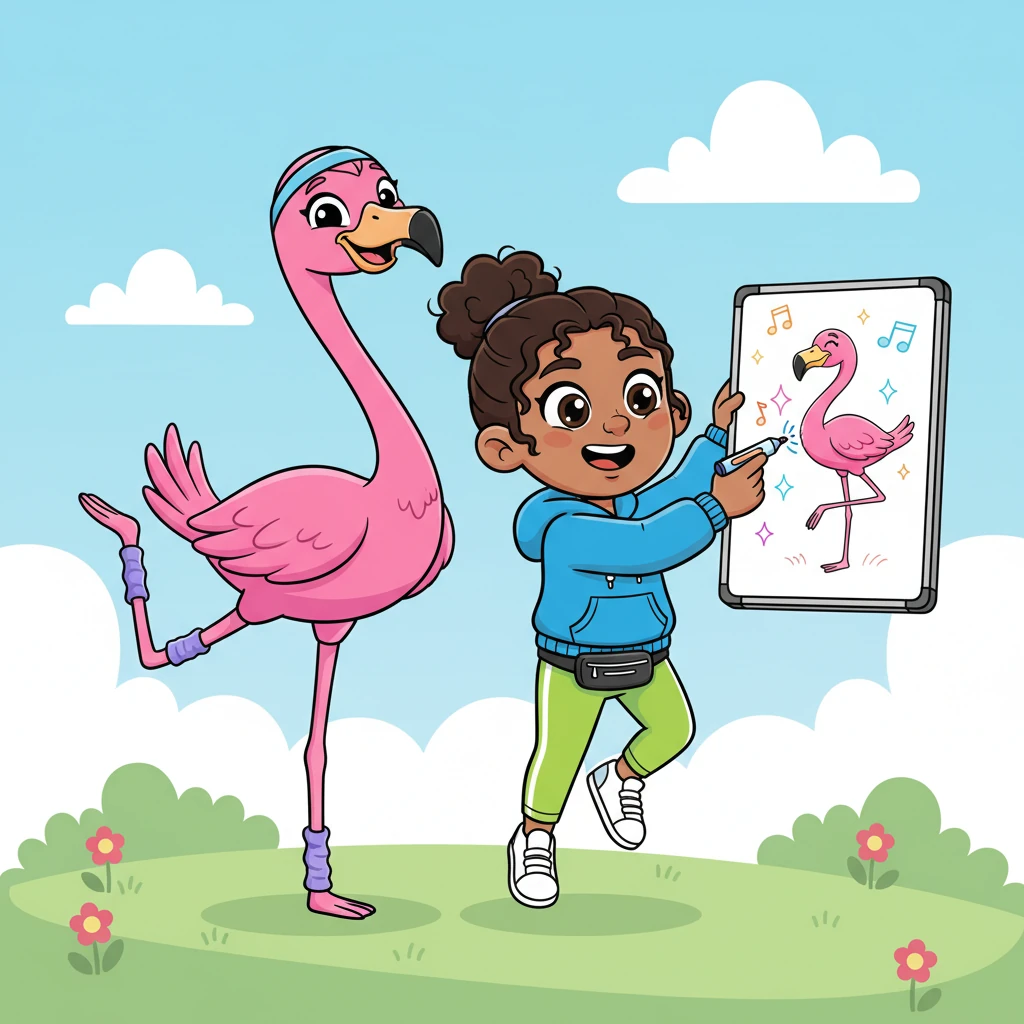 First, Pip needed more trainers! With a cheerful hop, she welcomed Flexi Fiona, a graceful flamingo who loved to stretch and twirl. Pip carefully added Fiona and her brand-new 'Feathered Fun Dance' class to her Sparkle System board, drawing a happy, smiling flamingo.