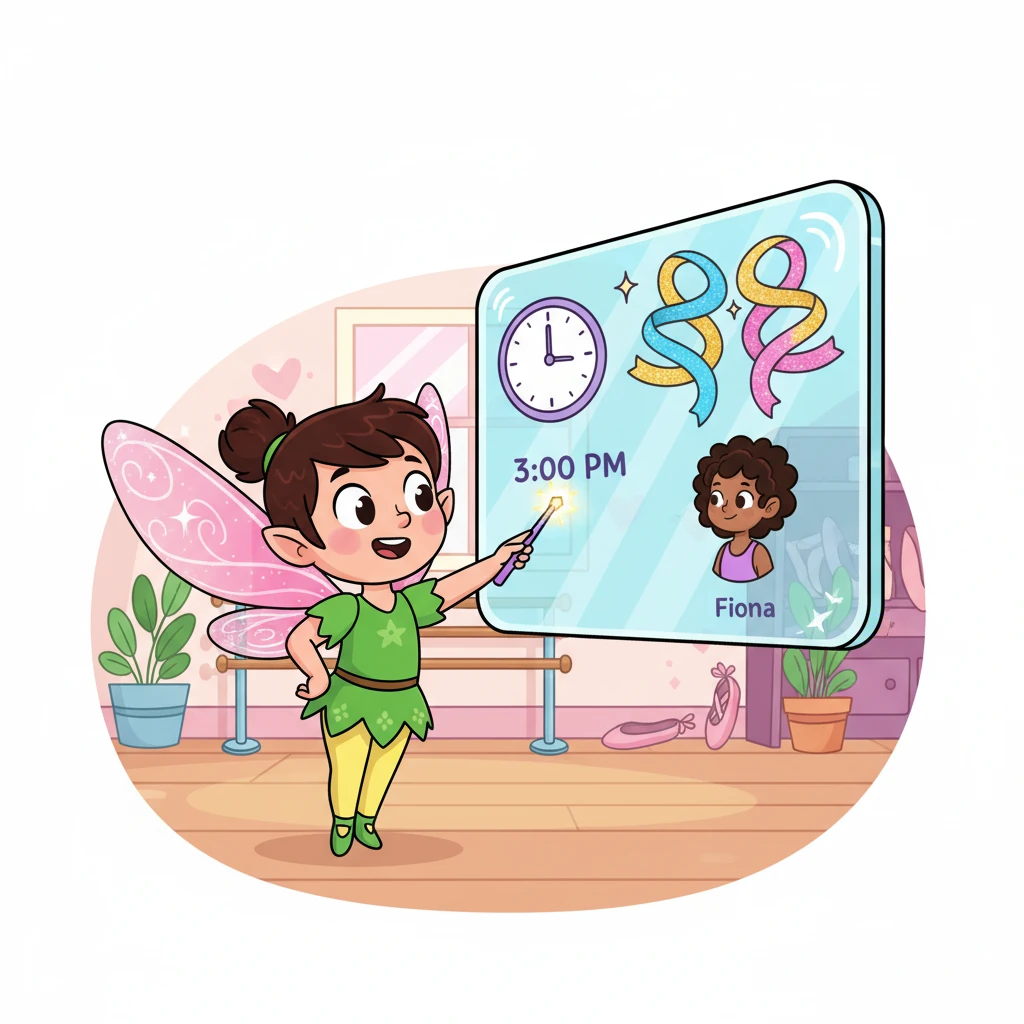 Pip then proudly reviewed Fiona's details on her big, shiny board. She checked the class time and made sure Fiona had all her sparkly ribbons for the dance. Everything looked perfect and ready for the first class!