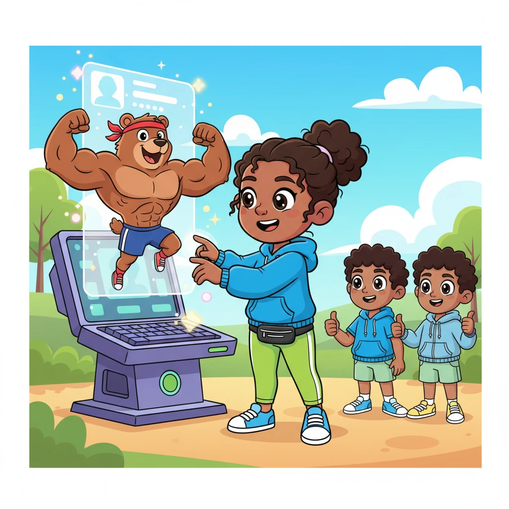 Next, a super strong bear named Bernie Brawn joined the team, eager to teach his 'Big Bear Bounces' class. Pip carefully placed Bernie's name and class details onto the Sparkle System, drawing a friendly, muscular bear ready to jump.