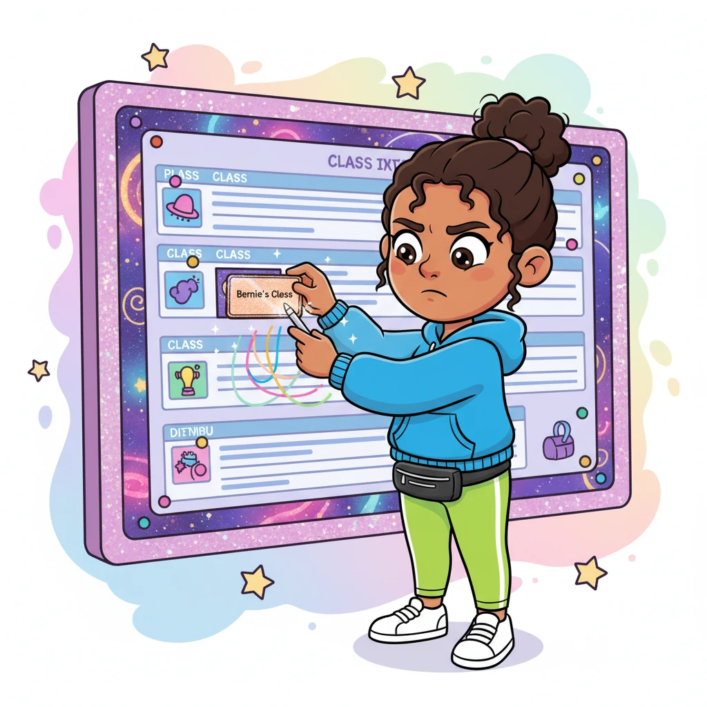 With a thoughtful frown and a determined twitch of her nose, Pip moved Bernie's class to a different, open spot on the Sparkle System board. She carefully updated the schedule, making sure there were no more wobbly overlaps. All fixed!