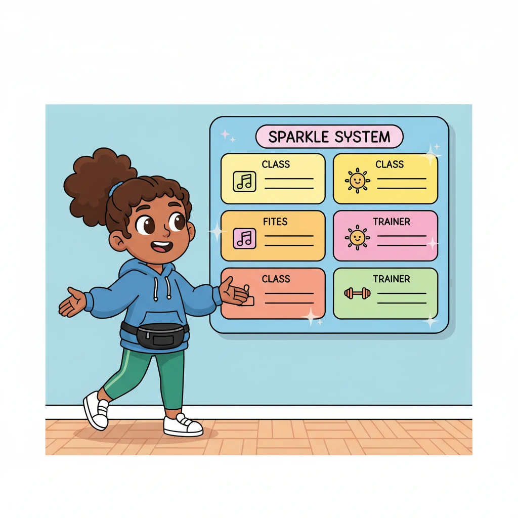 Pip stepped back, admiring her perfectly organized Sparkle System board. All the classes and trainers were neatly arranged, each with their own cheerful spot. The board shimmered with bright colors and clear information.