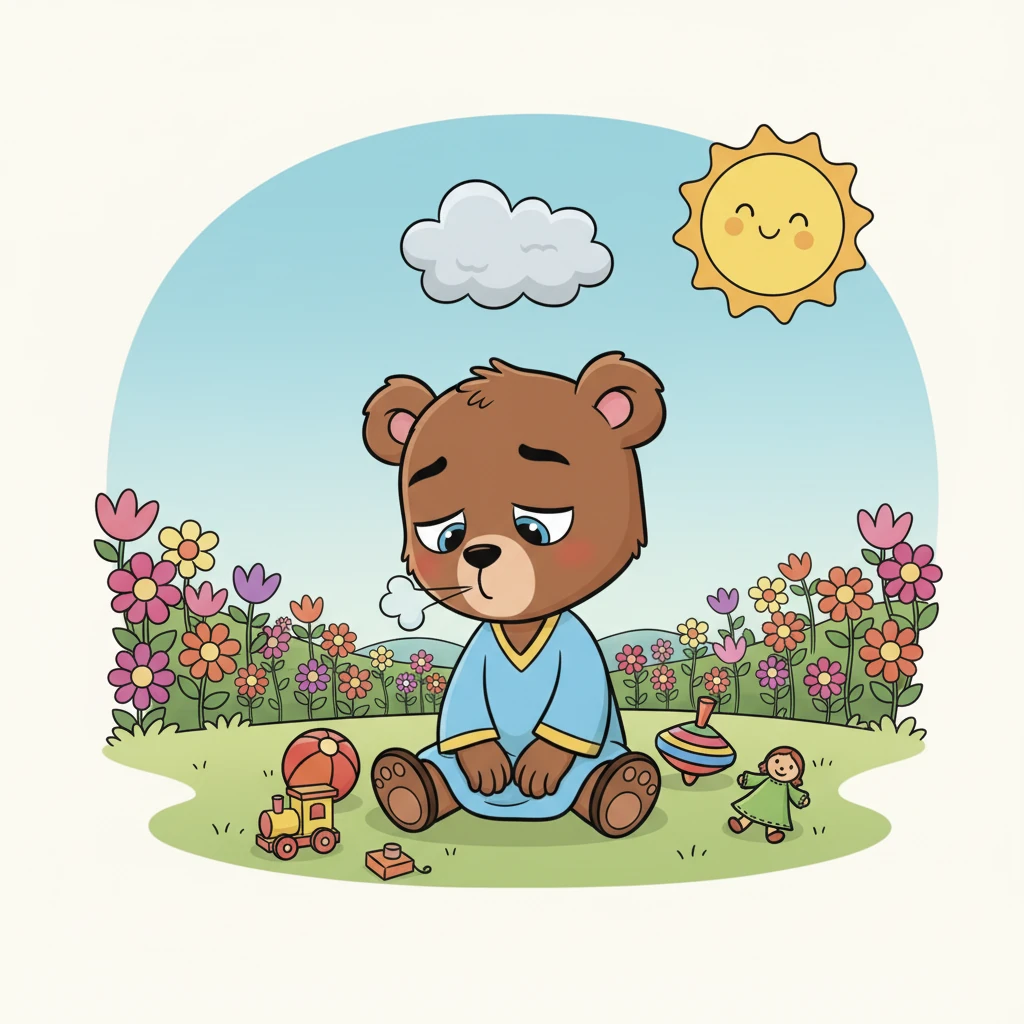 Leo, a little bear with slightly wistful eyes, sits alone in a vibrant flower field, surrounded by colorful toys he doesn't seem to want to play with. A tiny grey cloud hovers gently above his head, even under a bright sun. He sighs, feeling an unexplained emptiness in his heart.