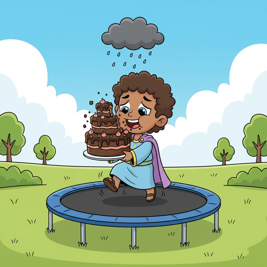 Leo tries to cheer himself up by eating a giant chocolate cake and bouncing on a trampoline, but the smile on his face feels forced. His eyes still show a hint of melancholy, and the little grey cloud follows him. He senses that something fundamental is still missing.