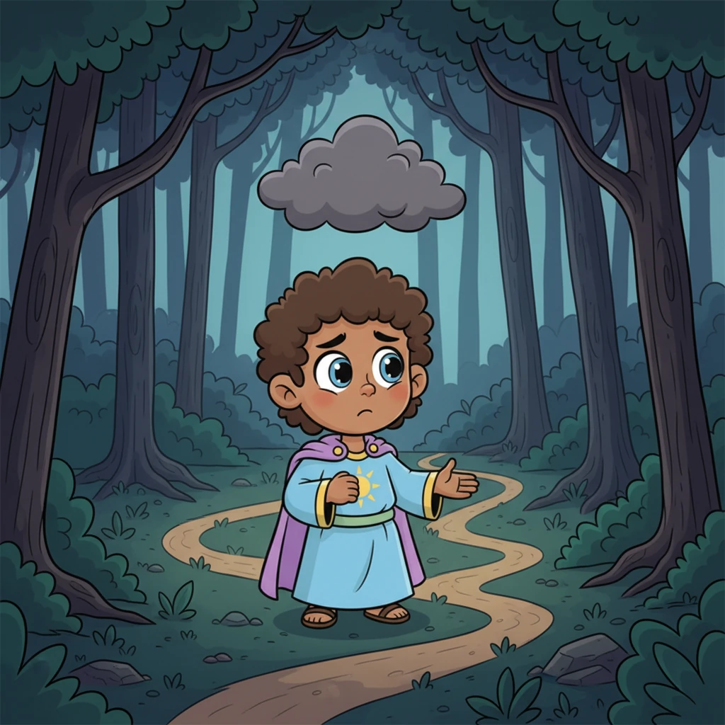 The grey cloud above Leo has grown a bit larger, and he feels lost in a dark forest, with paths leading nowhere. His shoulders are slumped, and he looks around, confused, unsure which way to go. He feels alone and without direction.