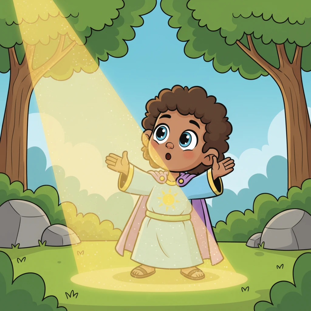 Suddenly, a warm, golden beam of light descends from the sky, piercing through the treetops and illuminating Leo. The light doesn't feel like a normal sunbeam; it pulsates with love and gentleness. Leo lifts his head, his eyes wide with surprise and a glimmer of hope.