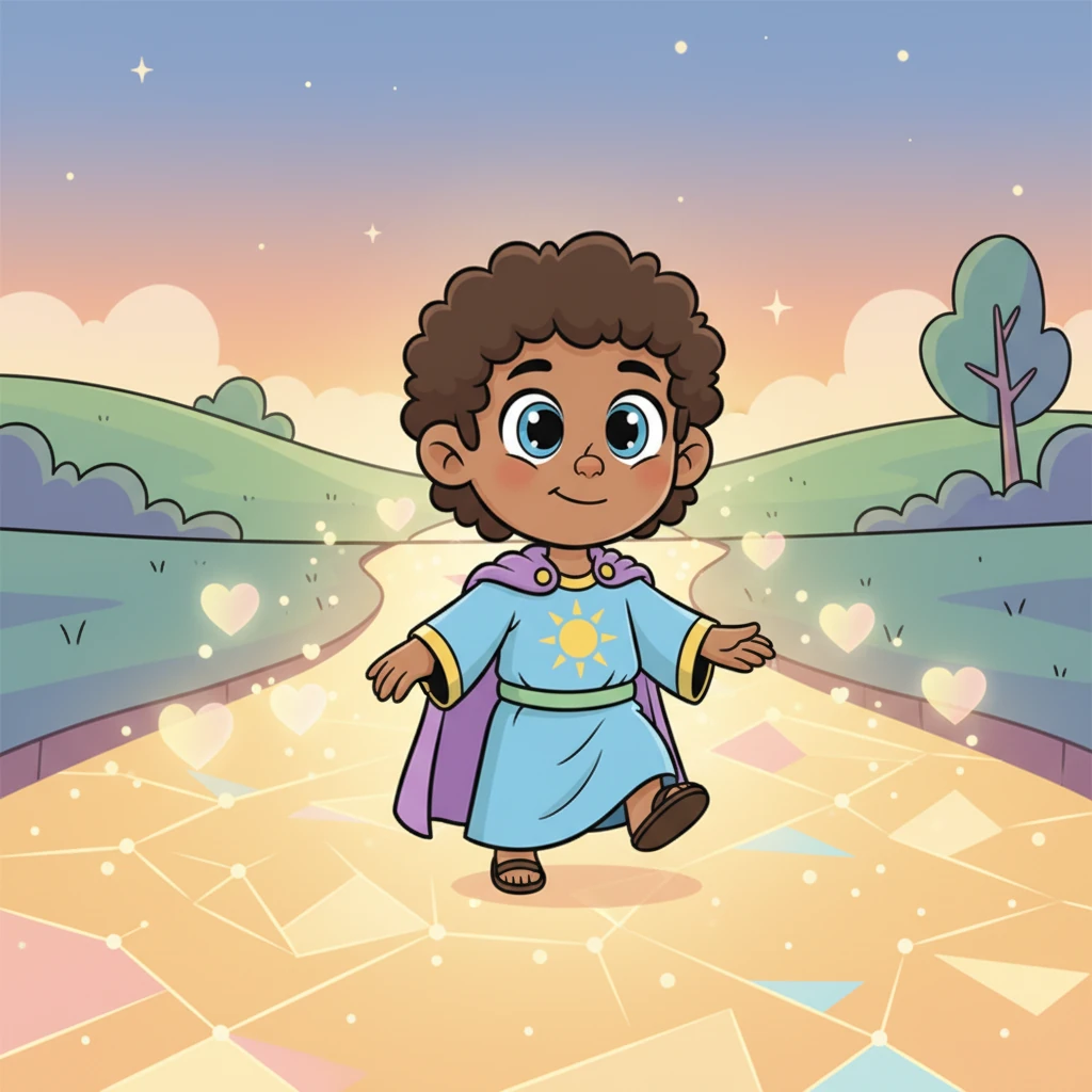 The light transforms into a bright, shimmering path that stretches out before Leo, like a soft invitation. Small, glowing hearts float along the path. Leo, with a small smile, hesitates for a moment but feels drawn by this promise of warmth.