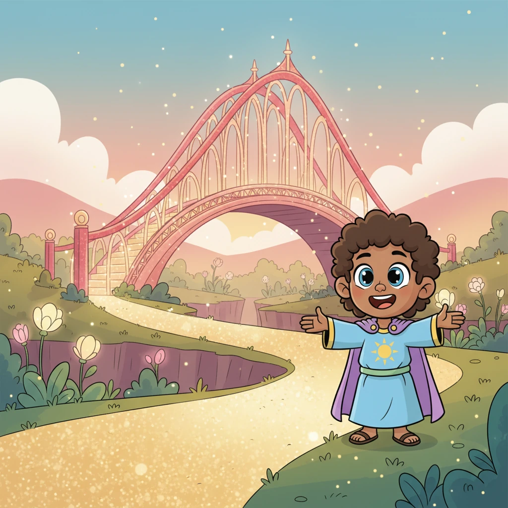 At the end of the light path, Leo finds a grand, luminous bridge made of pure love rays, connecting him to an even brighter garden. He senses that this bridge was built through an immense sacrifice, yet filled with unwavering love, like a magnificent gift just for him.