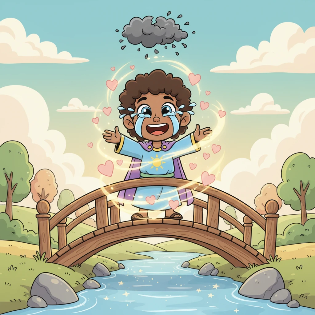 Leo crosses the bridge and feels the love completely enveloping him. He realizes he didn't have to do anything to earn this love; he is simply loved. His eyes fill with tears of joy, and the grey cloud above him vanishes completely.