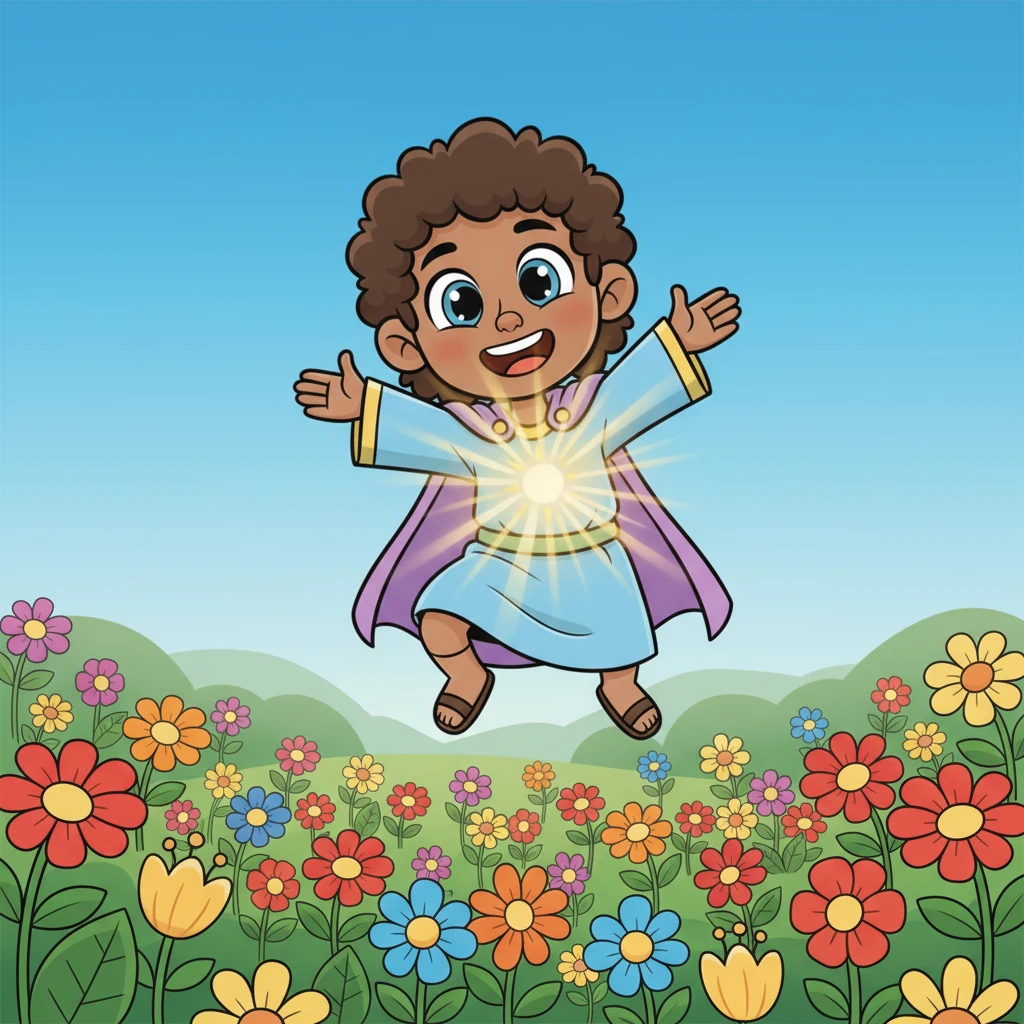 Leo's heart now glows with its own light, as radiant as the sun, and he smiles genuinely for the first time. He is leaping with joy, arms wide open, in a field of colorful flowers. He feels whole, truly happy, and full of purpose.
