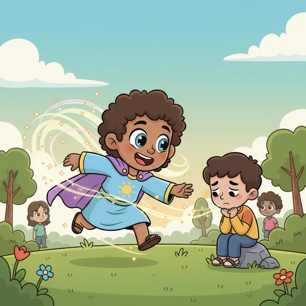 Leo, now radiating a contagious sparkle, rushes to find his friends who were still a bit sad or lost. He extends a hand to a friend, and a small trail of light and joy follows him, inviting others to share in this newfound happiness.