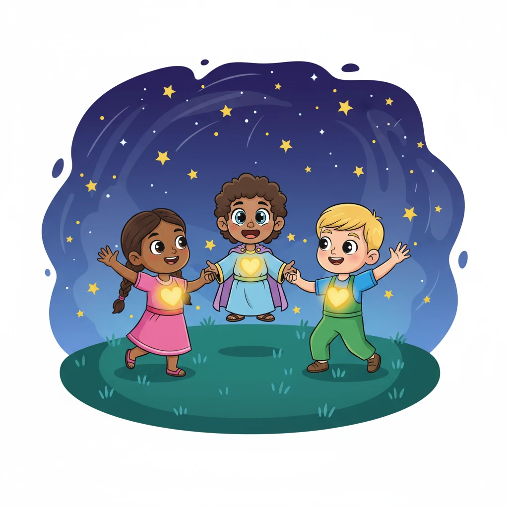 Leo and his friends, all with glowing hearts, stand hand in hand, forming a circle under a starry, hopeful sky. They understand that their greatest purpose is to live in this love and share it, making the world a brighter, more joyful place for everyone.