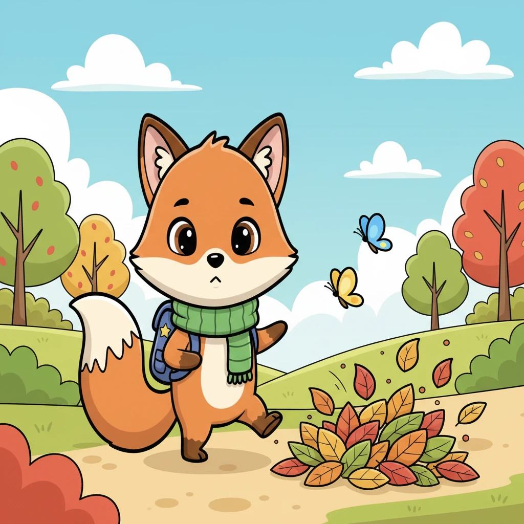 Foxy the little fox, with his big, fluffy tail, ambled through Sunny Meadow Park. He often explored by himself, kicking at fallen leaves and watching butterflies flutter past. Sometimes, he wished he had someone to share his adventures with, feeling a tiny bit lonely in the big, wide world.