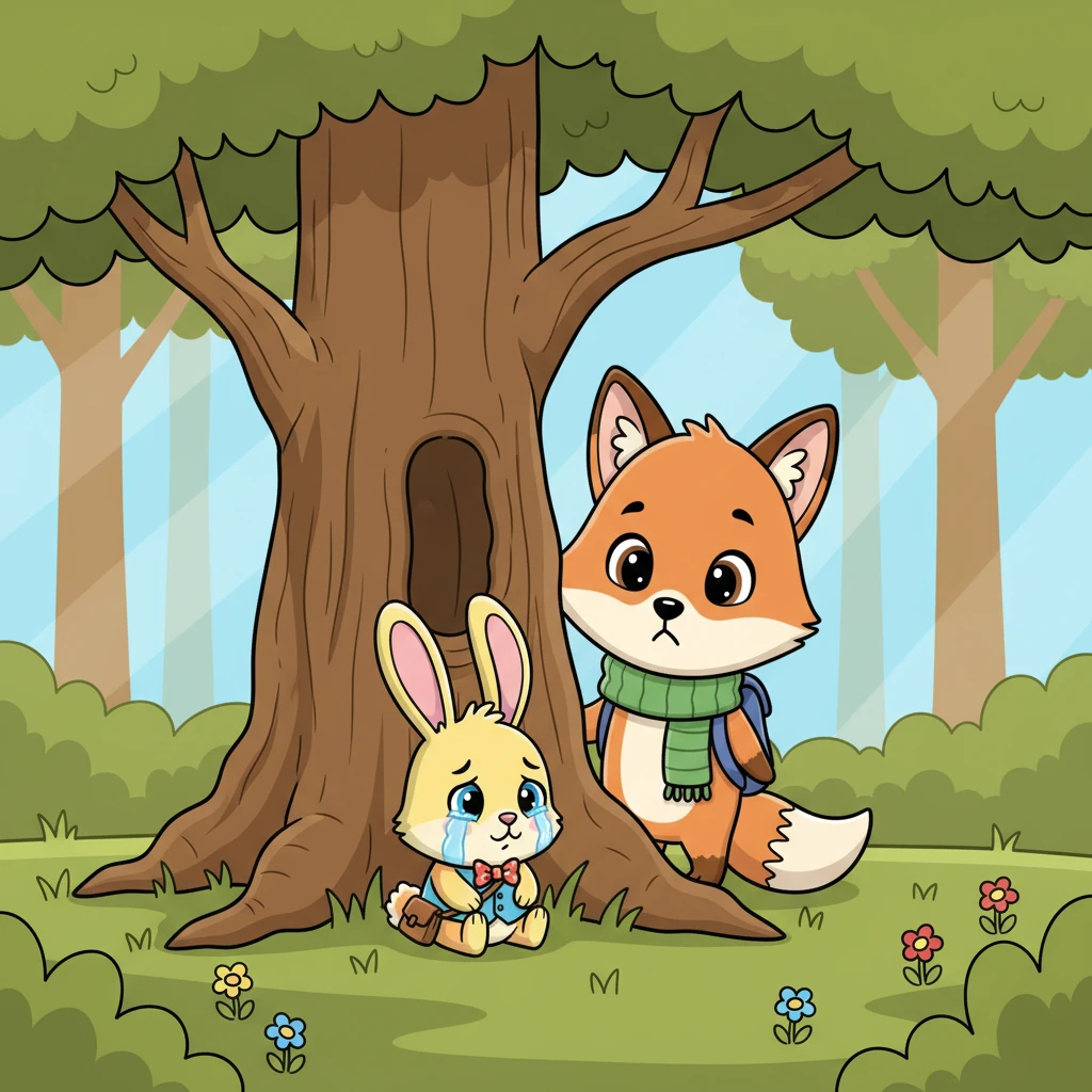 Suddenly, Foxy heard a soft, quivering sniffle coming from behind a giant oak tree. He peeked around the sturdy trunk and saw a tiny bunny, no bigger than his paw, with teary eyes and a wobbly lip. The little bunny looked quite lost and very, very sad.