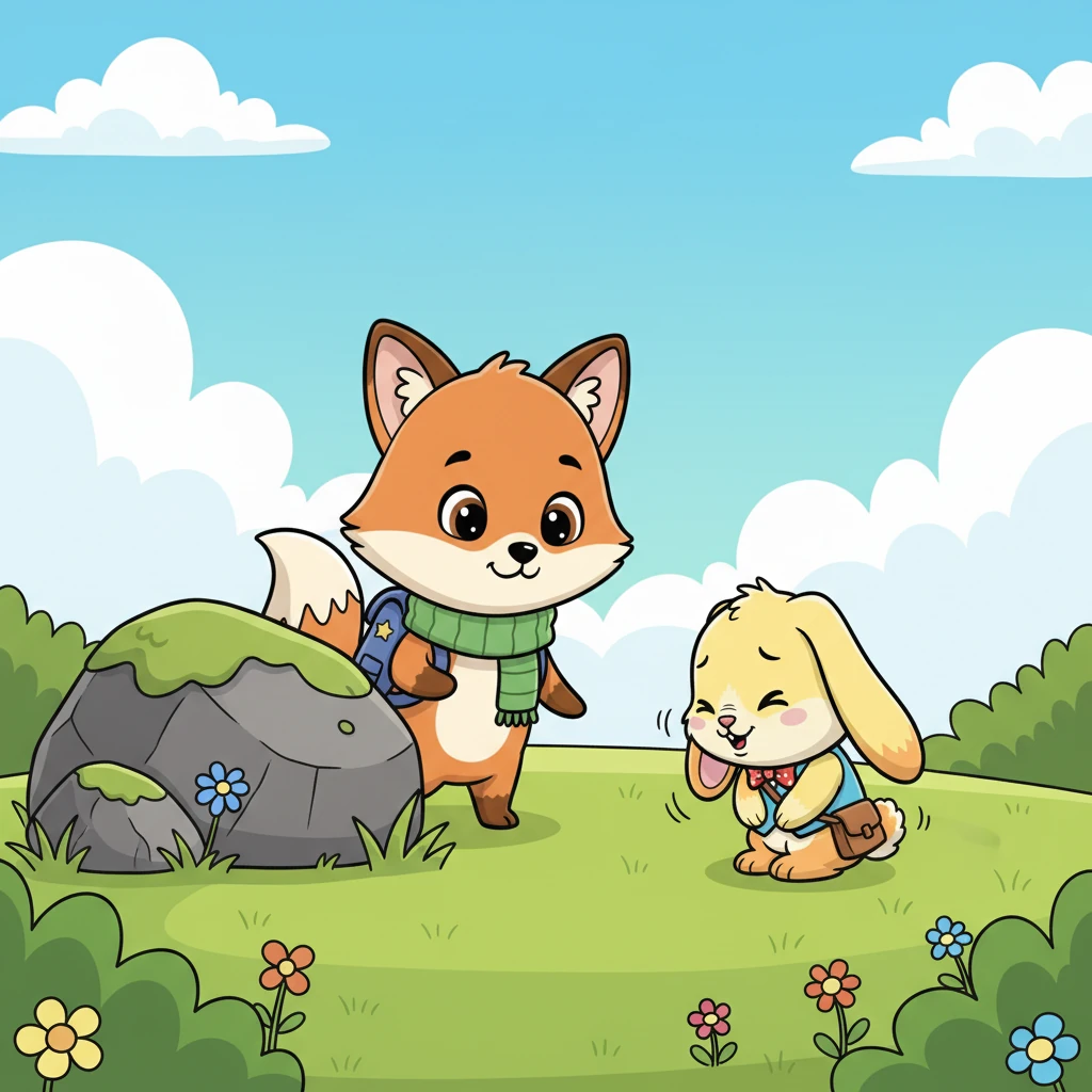 Foxy’s heart softened, and he slowly stepped out, his ears perked up gently. He tried to look as friendly as possible, but the bunny just whimpered and tucked its little head down, trembling slightly. Foxy knew he had to be extra careful not to startle his new friend.
