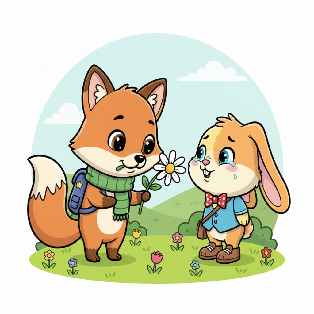 Thinking quickly, Foxy spotted a bright, cheerful daisy blooming nearby. He carefully plucked it with his teeth and gently nudged it towards the sniffly bunny’s nose. The bunny blinked, its tears pausing for a moment as it gazed at the sunny yellow flower.