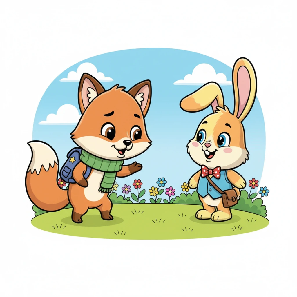 To make the bunny giggle, Foxy then wiggled his nose and made a funny, squeaky sound, then pretended to trip over his own paws in a silly way. The bunny’s ears twitched, and a tiny, surprised chuckle escaped its lips. A small smile started to bloom on its face.