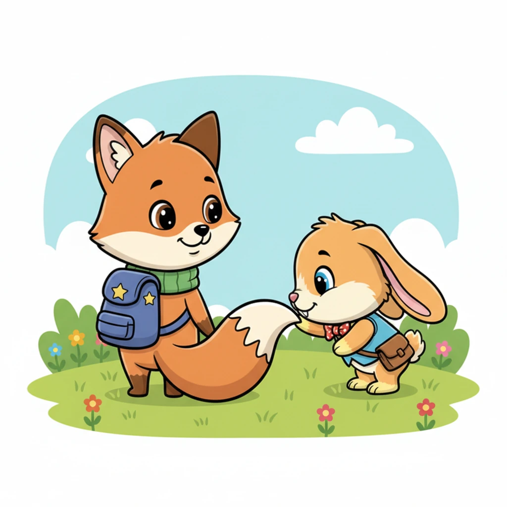 The bunny, whose name was Pip, slowly hopped closer, no longer trembling. It tentatively touched Foxy’s fluffy tail with its nose, a spark of curiosity replacing its sadness. Foxy wagged his tail gently, happy to see Pip feeling a little braver.