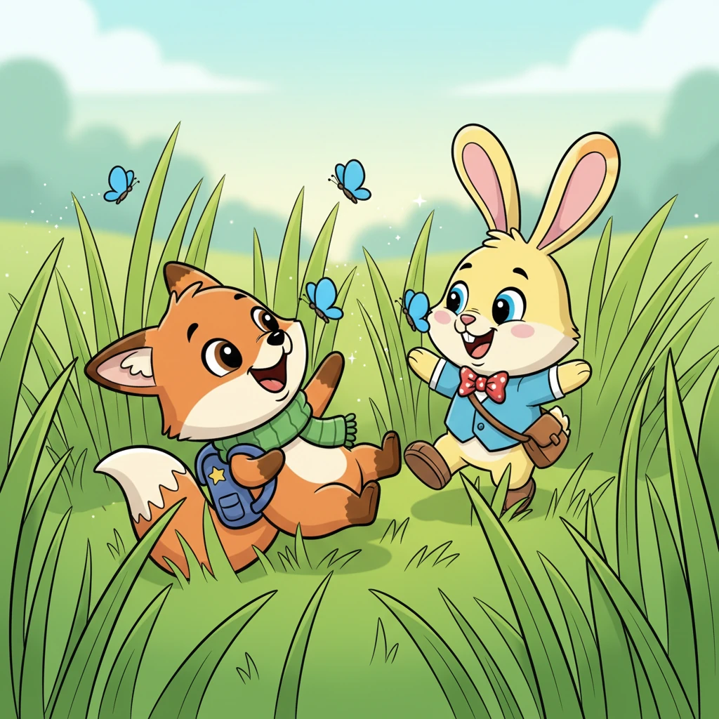Soon, Foxy and Pip were playing a joyful game of chase amongst the tall grass, their laughter echoing through the park. They tumbled and rolled, chasing bright blue butterflies and giggling whenever one tickled their noses. The park felt much livelier with their happy antics.